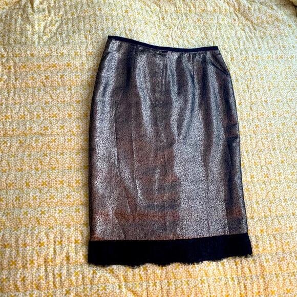 Tory Burch Metallic Gold Pencil Skirt w Black Lace Trim - Picture 16 of 16